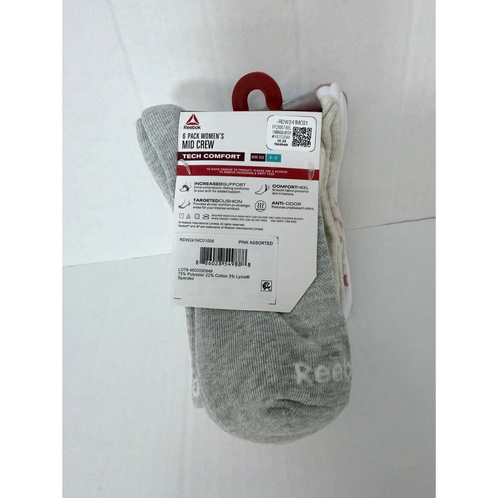 Reebok Womens Tech Comfort Mid Crew Socks 12 Pack Extended Size 9-12 Black Pink - Picture 5 of 6